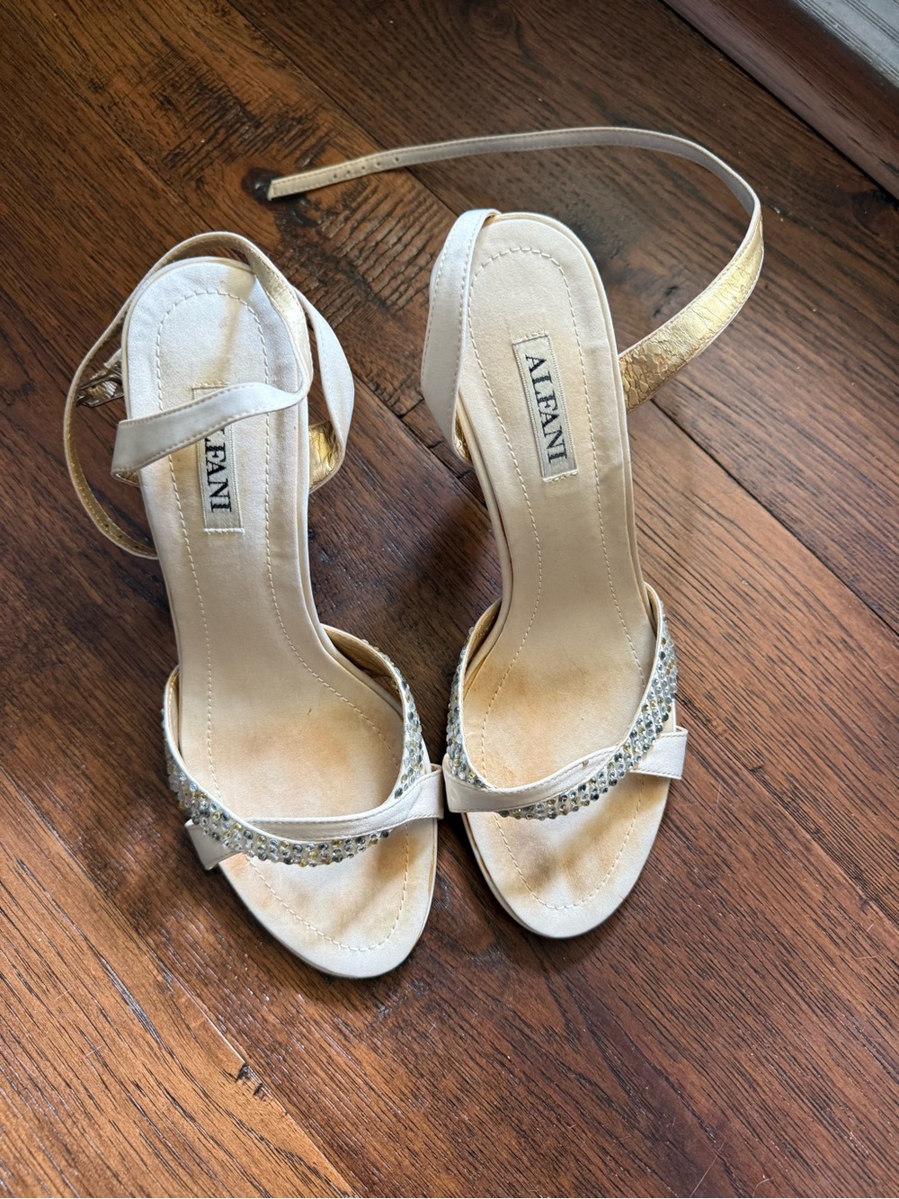 Alfani Ivory and Gold Rhinestone Ankle-Strap Heels